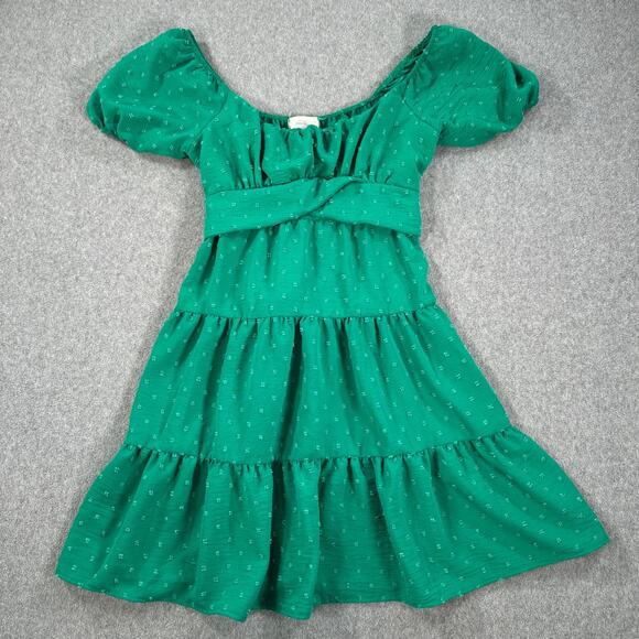 Altar'd State Green Swiss Dot Mini Dress Size Small Tie Back Puff Sleeve Tiered - Picture 1 of 7